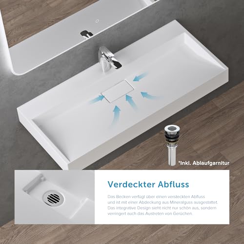Miniatura 3 de Doporro Lavabo Sobre Encimera Blanco Mate De Mármol Fundido Con Válvula De Desagüe 80x46x11cm Colossum19 Lavabo Rectangular Suspendido Con 1 Orificio Para Grifo Con Nano Revestimiento