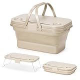 WildVentureX ピクニックバスケット 折り畳み 蓋付き かご キャンプ 収納ボックス 大容量 バケツ 洗える・防水 手提げ テーブル付 折りたたみバケツ 洗濯かご 防災 ピクニック アウトドア 運動会 バーベキュー 釣り (カーキ)