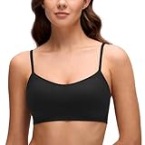 CRZ YOGA Softhold Mold V Neck Bralette for Women - Adjustable Spaghetti Lounge T-Shirt Everyday Bra No Underwire Comfort Cami Black Large