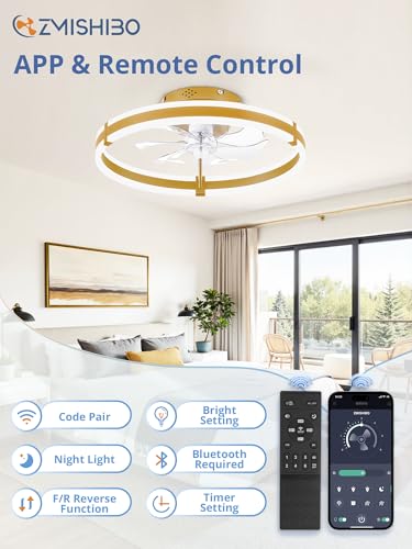 Image of ZMISHIBO Ceiling Fans with Lights and Remote, 19.7'' Low Profile Ceiling Fan, 3000-6000K Dimmable Modern Flush Mount LED Fan Light, 6 Wind Speeds, Gold Fandelier Ceiling Fans for Bedroom