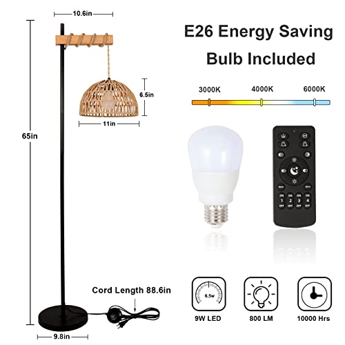 Floor Lamp For Living Room With 3 Color Temperatures And Stepless Dimmer, Smart Floor Lamp With Remote Control & App, Tall Standing Lamp With Rattan Lampshade, Farmhouse Floor Lamps For Bedroom Office #TOP2