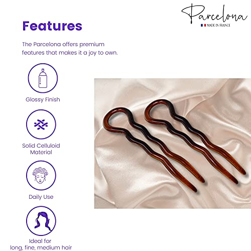 Parcelona French Sleek Tortoise Shell Large 3 1/2" Celluloid Made In France Wavy Crink U Shaped Set Of 2 Chignon Hair Pin Sticks For Women And Girls, Made In France #TOP1