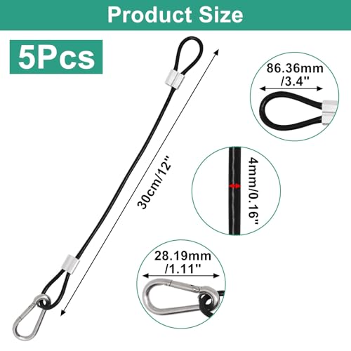 Image of 5Pcs Stainless Steel Cable with Loops and Hooks, 4mm Thickness 12 inch Vinyl Cover Coated Wire Rope Lanyard Safety Cable for Stage Lighting, Black
