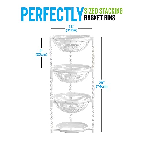 Uncluttered Designs Stacking Basket Bins (3 Tier + Plate) — Display For Fruit, Potato, Onion & Produce — Crafts, Art Supplies & Housewares Organizer — Bedroom & Bathroom Organization & Storage (White) #TOP3