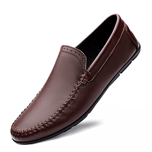 Loafers for Men Cowhide Stitching Details Round Toe Anti-Slip Flexible Lightweight Classic Party Slip On(Brown,10 M US)