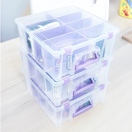ArtBin Super Satchel Double Deep Compartment Box with Purple Accents in a 3 Pack - Art Storage with 8 Removable Compartments, Smart Closure for Craft Supplies (Purple - Pack of 3)