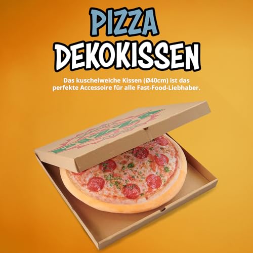 United Labels Pizza Kissen rund, Kopfkissen 40 cm, Sofakissen in Pizzakarton, Dekokissen, lustiges Geschenk für Kinder und Erwachsene