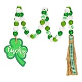 GCQQ St. Patrick's Day Wood Bead Garland with Tassels, 33" Green Wooden Bead Tassel Garland with Lucky, Farmhouse Tray Decor Beads Tassel Garland for St. Patrick's Day, Birthday, Home Decoration