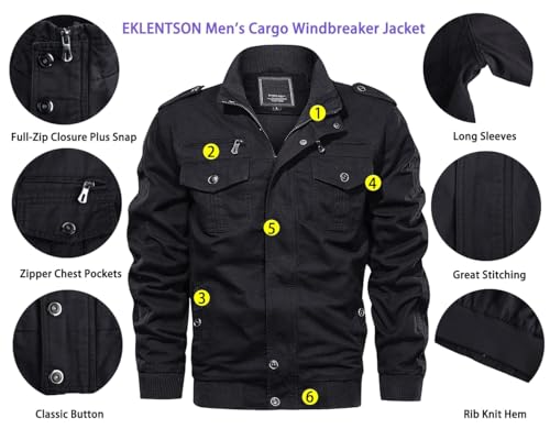EKLENTSON Men's Casual Cotton Military Bomber Jacket Winter Outerwear Windbreaker Cargo Jacket Multi Pockets