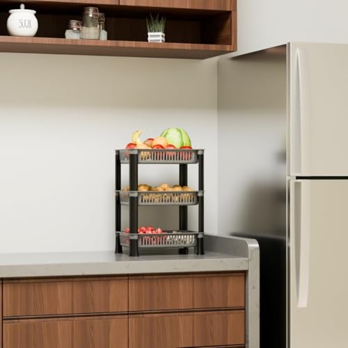 Image of Multipurpose Plastic Storage Rack for Kitchen | Foldable Vegetable & Fruit Organizer Stand for Onion, Potato, Sabji | Countertop Multi-Layer Basket Rack for Home, (Silver, 3 layer)