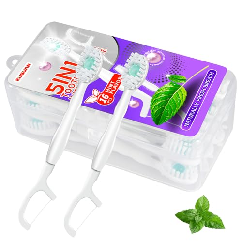 KUGUAN Mini Brushes-Disposable Toothbrushes 5 in 1 with Toothpaste + Floss + Pick + Tongue Scraper Travel Size Toothbrushes Portable for Work Travel 16pcs (Mint)