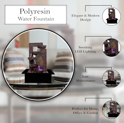 Image of UAG EXPORTS Polyresin Leaf-Design Tabletop Indoor Waterfall Fountain | Elegant LED Water Feature with Adjustable Flow Pump | Stylish Home & Office Decor Showpiece, White Color- Copper
