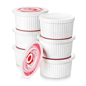 MALACASA Ramekins with Lids 8 oz – Set of 6, White Porcelain Creme Brulee Souffle Ramekins with Covers, Ceramic Custard Cups for Baking, Dishwasher and Oven Safe, Series RAMEKIN-DISH