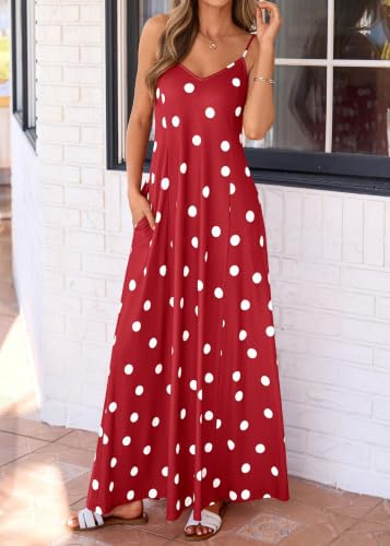 Image of KIRUNDO Womens Polka Dot Spaghetti Strap Flowy Maxi Dress | Sleeveless V Neck Boho Long Dresses, 2026 Summer Beach Vacation Cruise Outfits, A-Line Backless Sundress With Pockets
