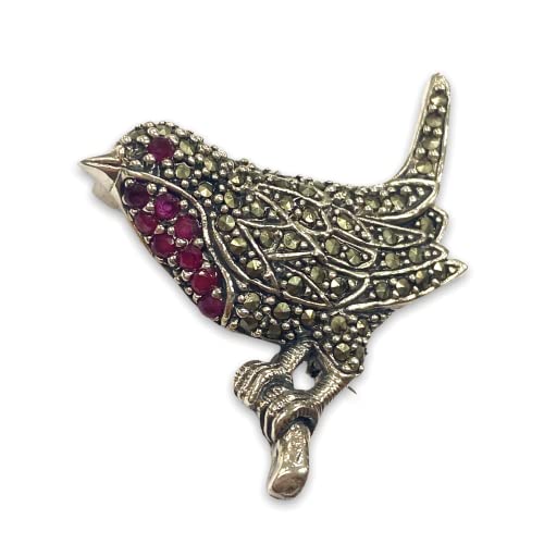 Victorian Style Robin Bird Pin Brooch and Pendant with Ruby