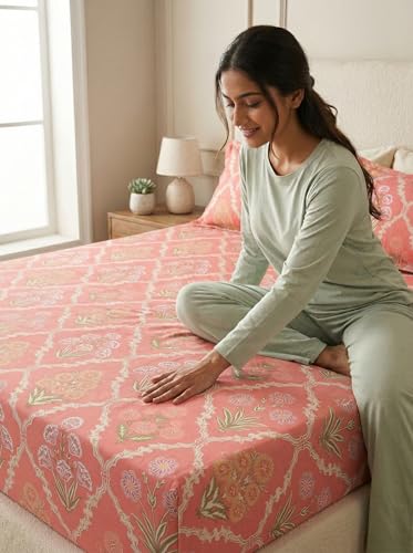 Image of MAFATLAL Plush 140 GSM Double Bed Sheet | Premium Bedding Microfiber | Queen Size | Soft, Wrinkle-Free | Coral Pink