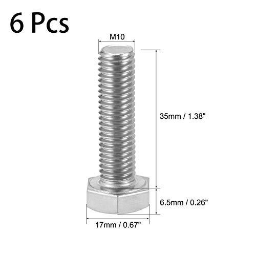 Image of 6 Pcs M10 Hex Bolt M10-1.5 x 35mm UNC Hex Head Screw Bolts A2-70(304) Stainless Steel Fully Threaded Hex Tap Bolts,Fully Threaded (M10 x 35mm)