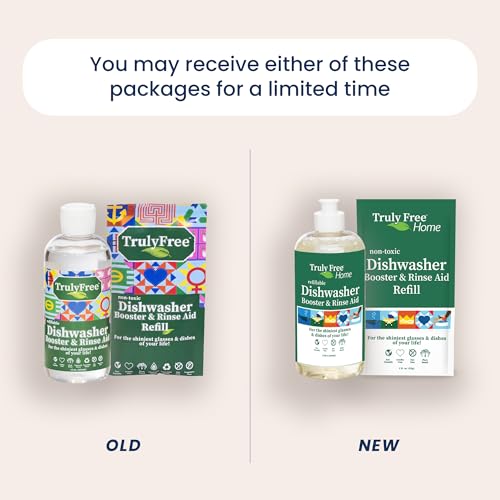 truly free natural dishwasher booster amp rinse aid - non-toxic dishwashing aid formula removes residue amp tough dish stains water spot remover - includes 1 reusable empty 12 oz bottle amp 1 refill