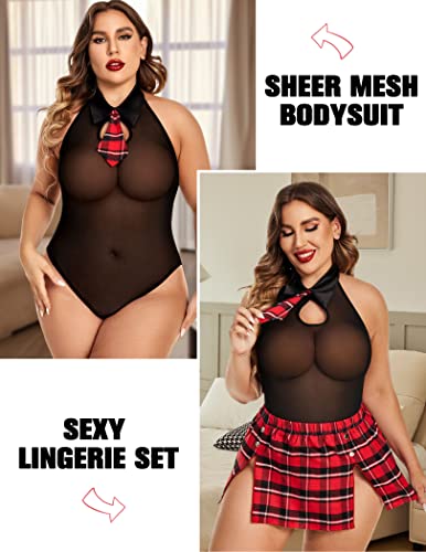 Avidlove Lingerie For Women Plus Size Halter Teddy Bodyusit With Tie Mini Plaid Skirt Exotic Lingerie Sets Snap Crotch Black Red #TOP2