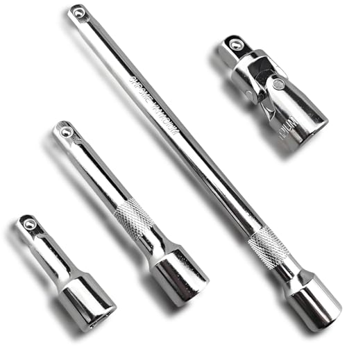Resze 4 PCS 1/2 Drive Impact Extension Bar Set 3 5 10 Inch Extensions and 1/2 Inch Drive Universal Joint Socket Cr-V Steel Anti-Rust Zero Torque Loss - Heavy-Duty for Auto/Mechanical Tools