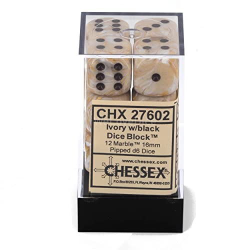 Chessex Dice D6 Sets: Marble Ivory With Black - 16Mm Six Sided Die (12) Block Of Dice (1-Pack) #TOP2