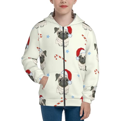 Christmas Pug Dog Kids Pullover Hoodies Boys Zip Up Sweatshirts Girls Athletic Clothes with Pocket3