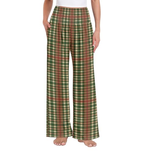 Pantalon palazzo femme à carreaux vert et rouge tartan vintage taille haute avec poches