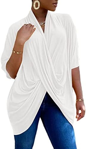 LYANER Women's Wrap V Neck Ruched Short Sleeve Split Slit Hem Blouse Shirt Tunic Tops White X-Large
