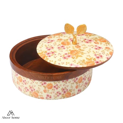Image of Handcrafted Premium Wooden Roti Casserole, Roti box, Chapati Box, Hotpot roti box, Roti Dabba, Wooden Roti box with Gold Embossed Butterfly Knob(9x9x4 Inch)