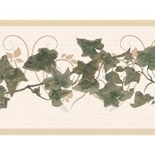 Dundee Deco Wallpaper Border Peel and Stick DDAZBD9297 Abstract Green Beige Leaves on a Vine Wall Border Retro Design, 15 ft x 7 in 4.57m x 17.78cm, Self Adhesive