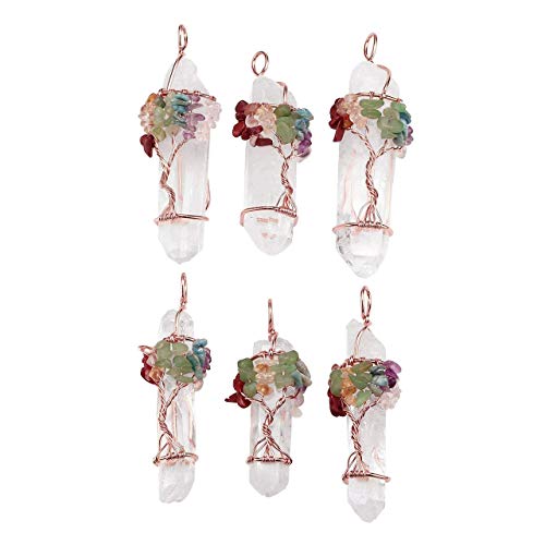 Jovivi Bundle - 2 Items 7 Chakra Gemstone Tree Of Life Wire Wrapped Natural Clear Quartz Healing Crystal Point Pendant Necklace + 7 Chakra Reiki Healing Crystal Stretch Bracelet Gemstone Yoga Beads #TOP3