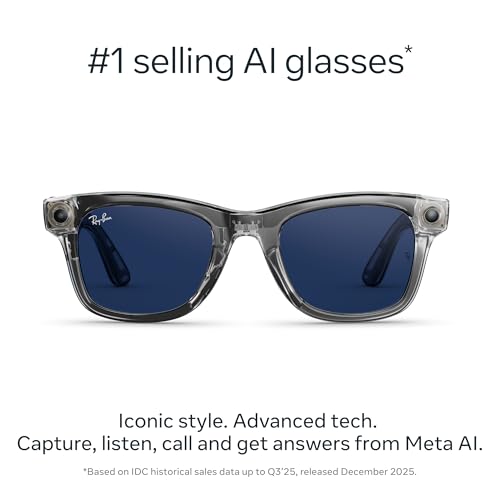Image of Ray-Ban Meta Wayfarer (Gen 2) with Meta AI, photo and video capture, longer battery life - Shiny Transparent Grey, Transitions Sapphire Lenses