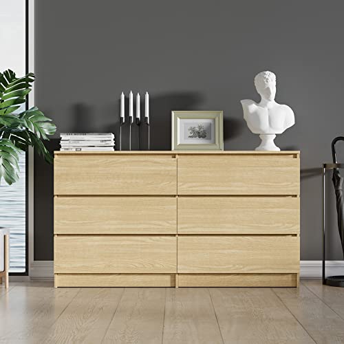 Cozy Castle 6 Drawer Oak Dresser With Cutout Handle, Accent Dressers & Chests Of Drawers With Double Anti-Tilt Devices, Storage Dresser For Bedroom #TOP3