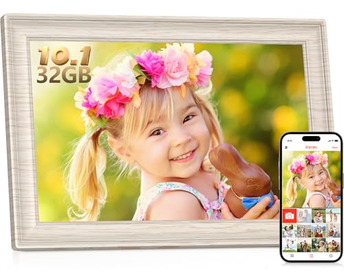 Frameo WiFi Digital Photo Frame 10.1 Inch White Wood - 1280x800 HD IPS Touch Screen Picture Frame Electronic, 32GB Memory, Auto Rotate, Digital PictureFrame for Sharing Photos and Videos option