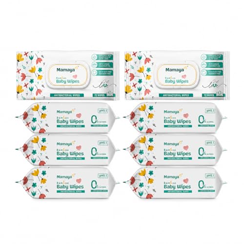 Image of Mamaya Bamboo Baby Wipes (Pack of 8) | Enriched with Virgin Coconut Oil & Aloe Vera | pH 5.5 Alcohol-Free Wipes for New Born Baby | Wet Wipes for Baby Combo Offers