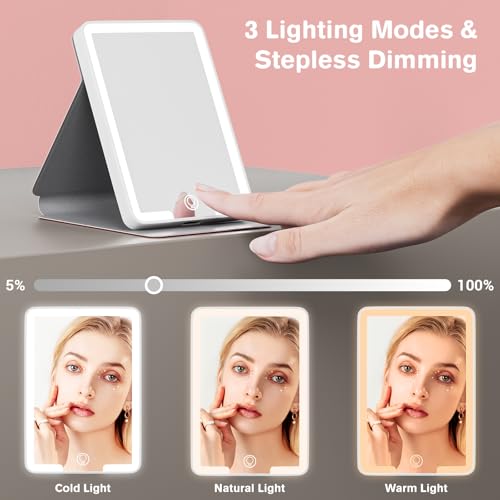 Kintion Rechargeable Pocket Mirror, 3 Color Touch Dimmable Small Lighted Compact Mirror, PU Leather Portable Mirror with Light, 3.6 in Mini Small Mirror for Women, Pink - Thumbnail 3