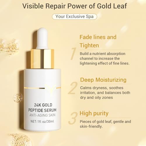 Grospe 24K Gold Peptides Serum for Face, 9 Peptide Skin Booster Anti Aging Serum with Nano Gold, Even Skin Tone Glow Collagen Peptides Essence for Dark Spots & Fine Lines, Collagen Peptide 1 Fl.Oz