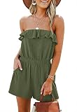 LEANI Women’s Summer Off Shoulder Ruffle Rompers Strapless Elastic Waist Short Jumpsuit Green L