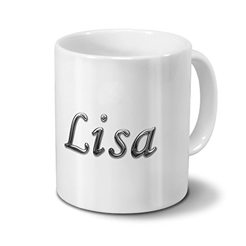 printplanet Tasse mit Namen Lisa - Motiv Chrom-Schriftzug - Namenstasse, Kaffeebecher, Mug, Becher, Kaffeetasse - Farbe Weiß