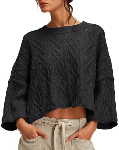 Womens Cable Knit Cropped Sweaters Oversized Fall Long Sleeve Pullover