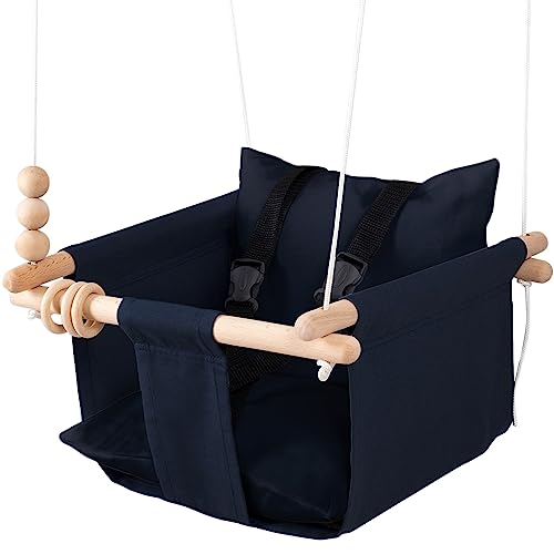 Image of Mass Lumber Indoor Outdoor Baby Swing with 3-Point Harness and Hardware for Ceiling, Porch, Doorway, Canvas Baby Swing Outdoor Toddler Swing Seat Dark Blue