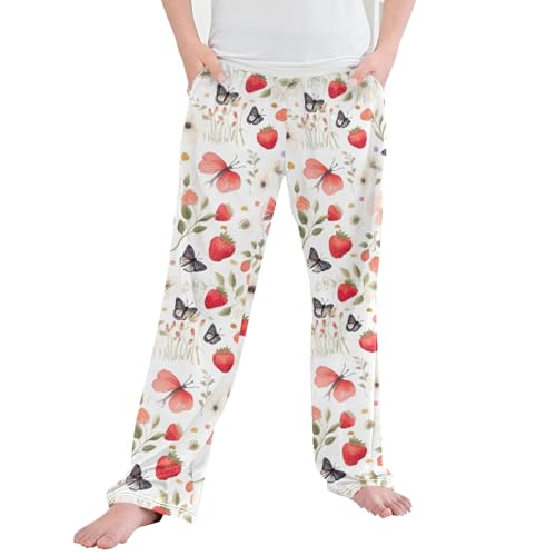 Strawberry Butterfly Long Pajama Pants Elastic Waist PJ Bottoms with Pockets S A110472