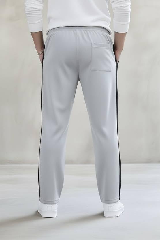 Image of Men's Cotton Blend Track Pants, Black with White Side Stripe, Drawstring Waist, Relaxed Fit Joggers