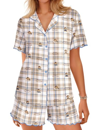 Image of Ekouaer Button Up Pajamas Set for Women Short Sleeve Ribbed Knit Sleepwear 2 Piece Pjs Shorts Set
