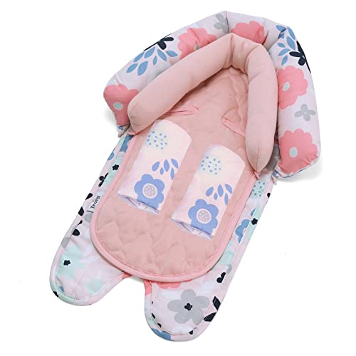Travel Bug Baby & Toddler 2-in-1 Head Support Duo Head Support + Strap Covers for Car Seats, Strollers & Bouncers (Pink Floral)