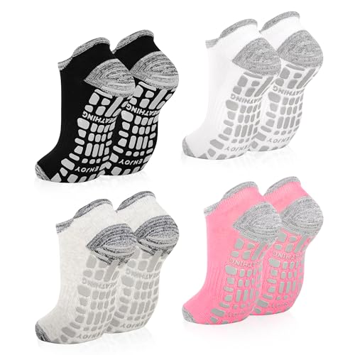 ELUTONG Women's Non Slip Yoga Socks with Grip 4 Pack Anti-Skid Workout Sock for Pilates, Barre, Home,Hospital
