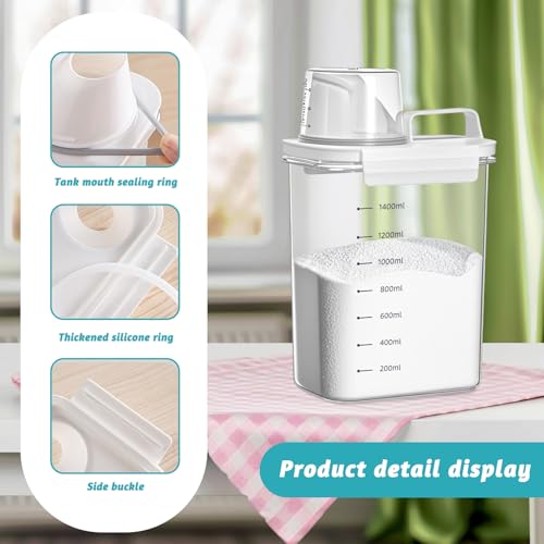 FORYNXHWIN 1800ML Luftdichter Waschmittelspender mit Messbecher, Waschpulver Aufbewahrungsbox, Waschpulverspender, Waschmittelbox Vorratsbehälter für Waschmittel Waschpulver – Bild 4