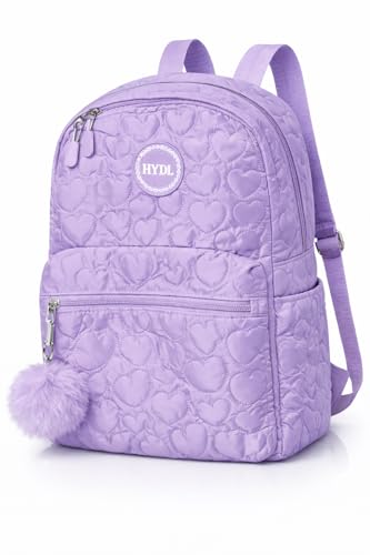 Mochila Juvenil e Adulto 18L em Poliéster Leve e Resistente, Design Matelassê com Coração, 2 Bolsos Externos, com Chaveiro Decorativo Branco, Lilás, Rosa Bebê e Rosa Pink (Lilás)