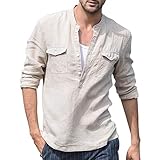 GDJGTA Tops for Mens Baggy Cotton Linen Pocket Solid Long Sleeve Retro T Shirts Tops Blouse Khaki