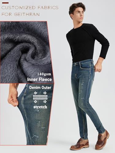 Men’s Fleece Lined Jeans Athletic Taper Stretch Thermal Pants Ripped Distressed Patched3